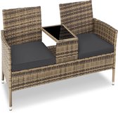 tectake® Wicker Tuinbank met Tafel - 2-zits - 131 x 61 x 82 cm - Bank inclusief Kussen - Bruin/Grijs - 2 Tuinstoelen in 1 Tuinmeubel