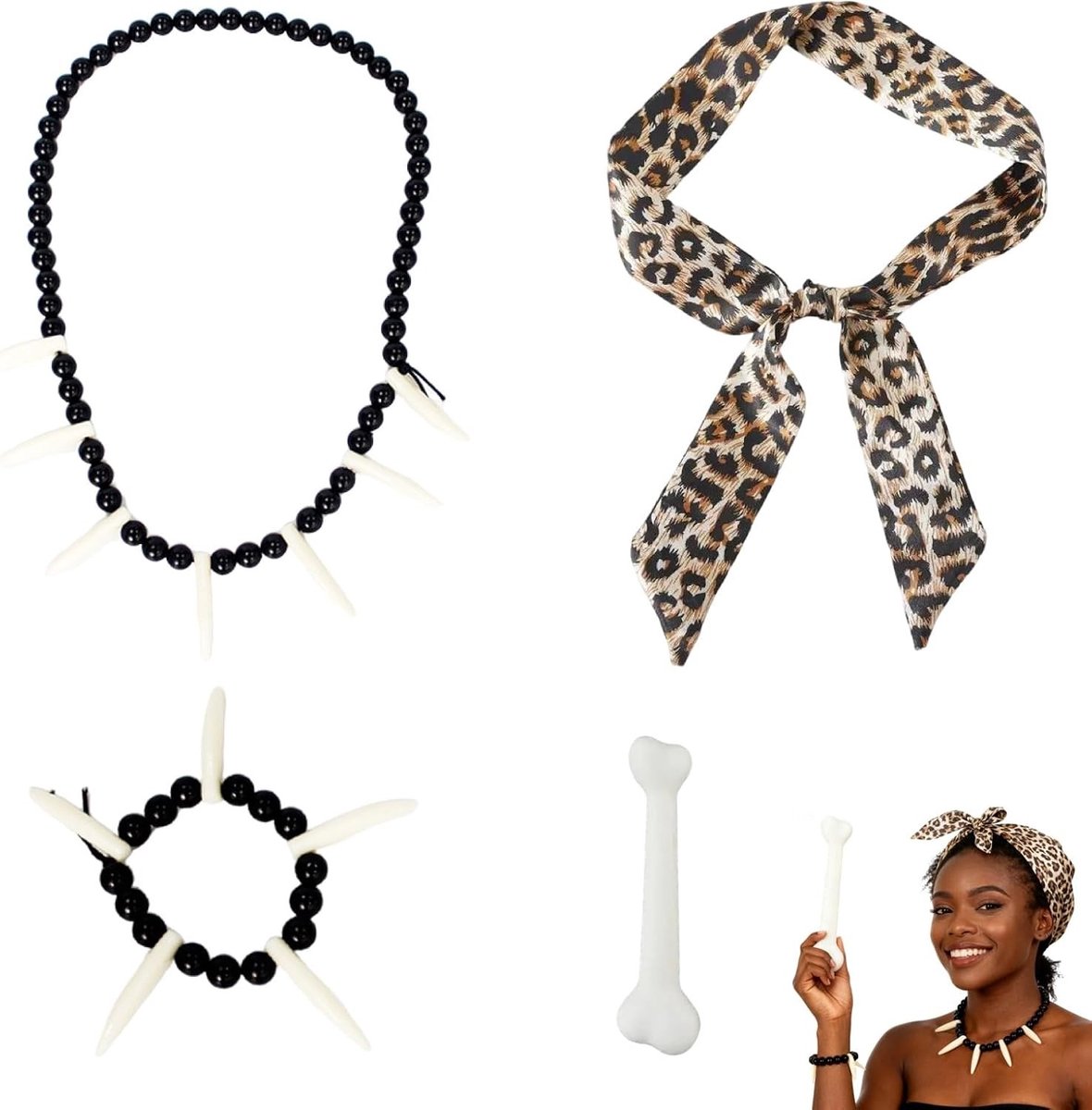 Prehistorisch kostuumaccessoireset voor kinderen en volwassenen - 4-delige set met nepbeenderen, luipaardprint sjaal, ketting en armband - perfect voor themafeesten en carnaval