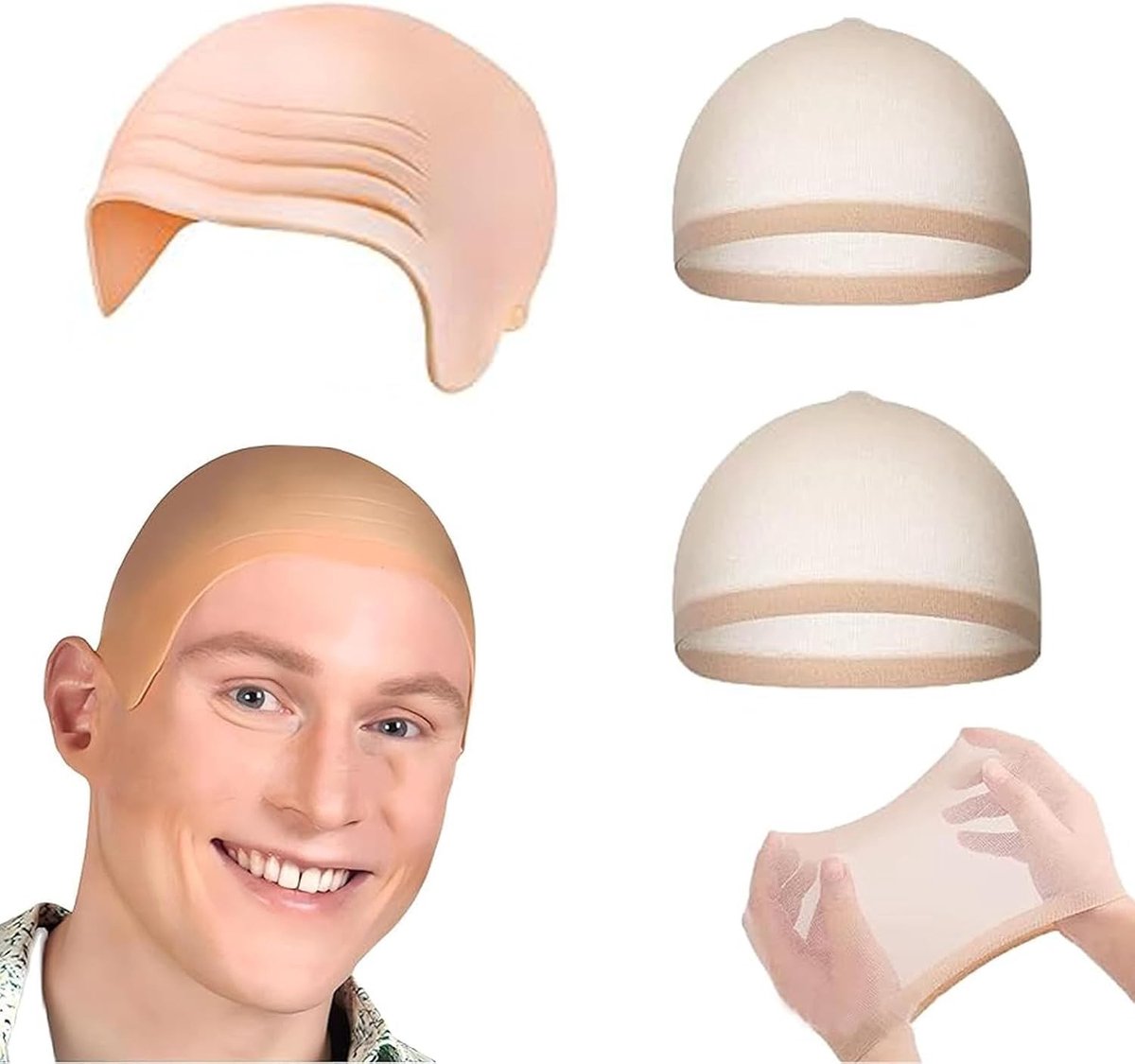 Volwassen latex hoed voor Halloween, verkleedfeest en theater, inclusief dikke pruikcap en bald look