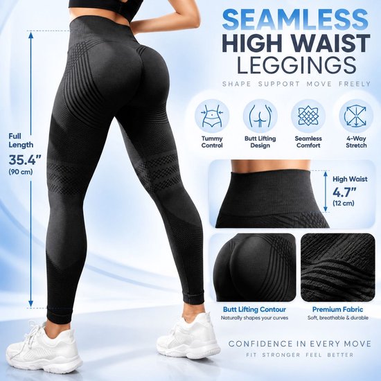 Deze compressielegging voor dames heeft een anti-cellulitiswerking, 3D-technologie, een hoge taille, een liftend effect en naadloze weerstandsbanden. De legging is ontworpen om je figuur te vormen en is geschikt voor hardlopen yoga - Zwart XXL. — afbeelding 4