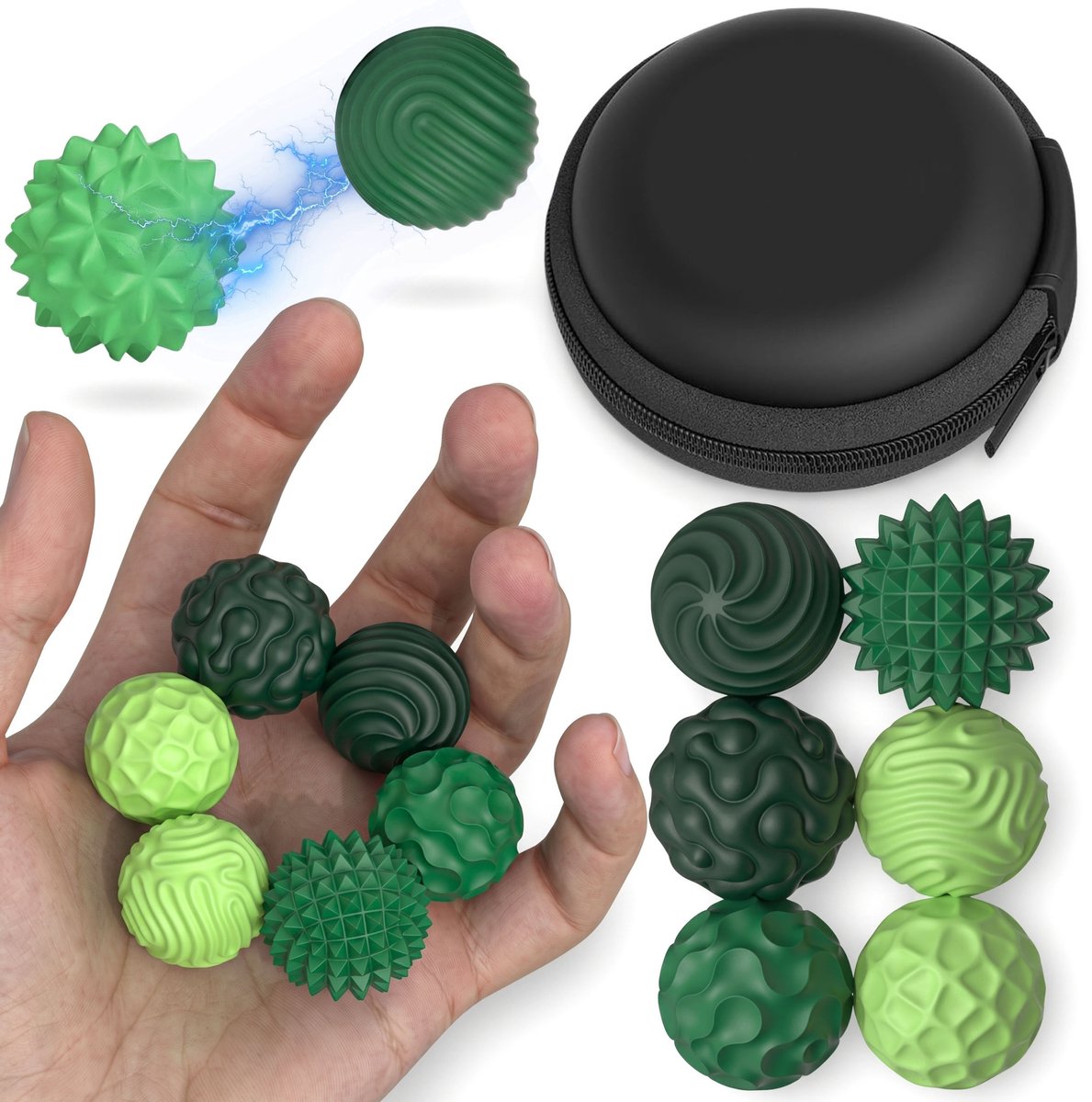 Magnetische SENSORISCHE ANTISTRESS ballen, SET 6 stuks groene siliconen balletjes + ETUI