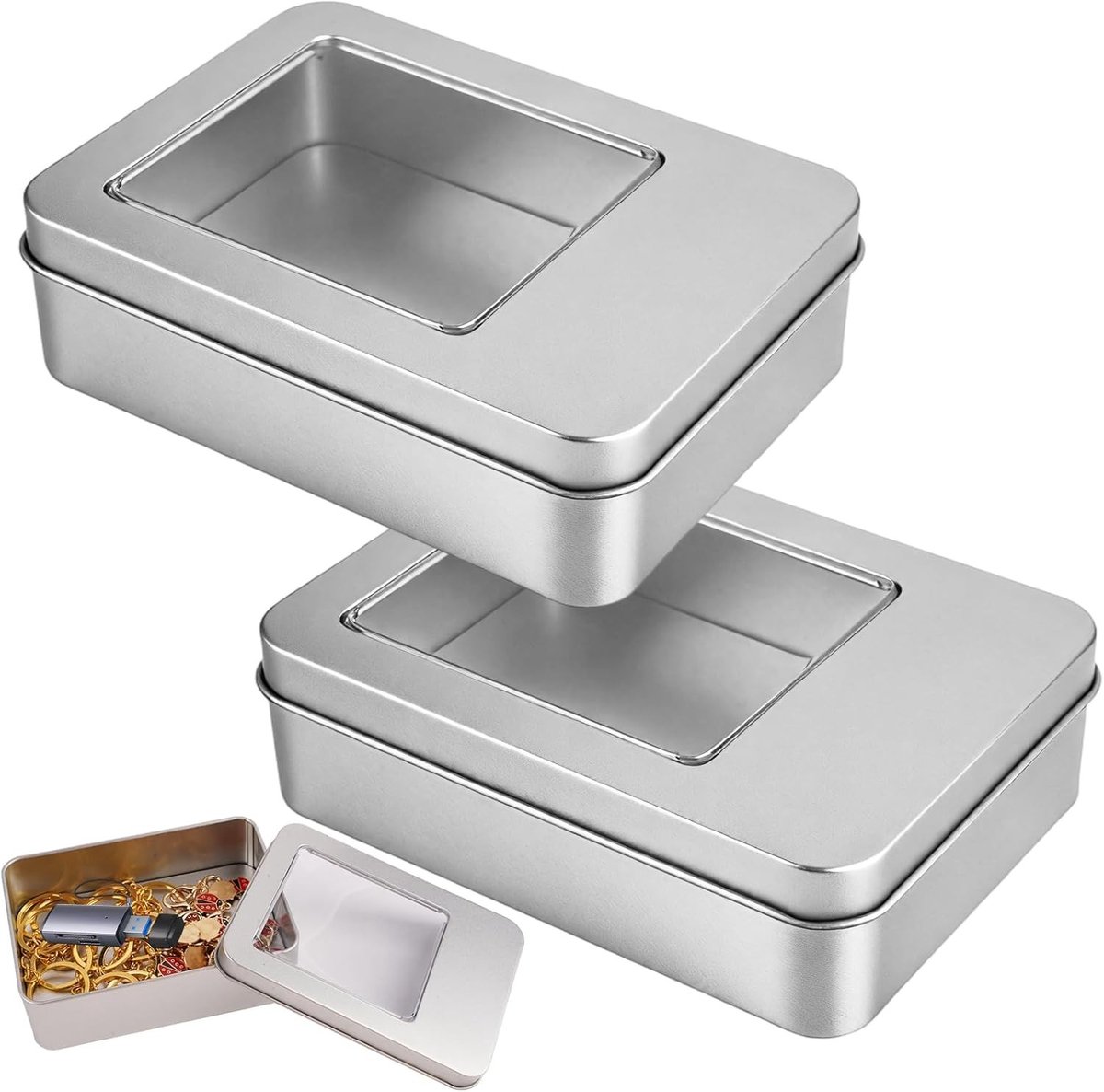 Set van 2 metalen opbergdozen met deksel, 12.5x9x3.5cm, zilver, ideaal voor organisatie en opslag