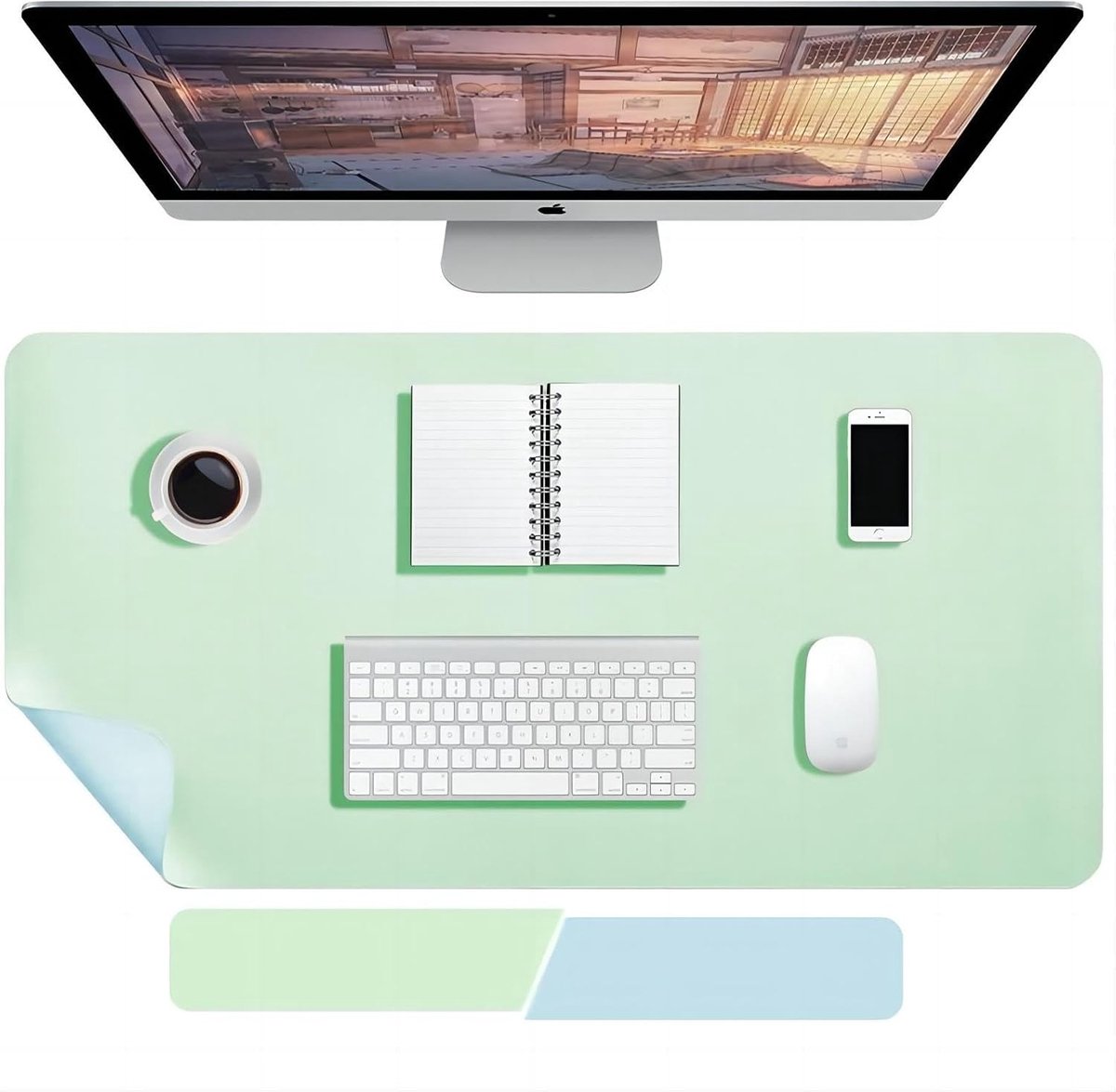 Grote Dubbelzijdige Bureau Mat van PU Leer, 90 x 40 cm, Waterdicht en Vuilafstotend, Ideaal voor Thuis en Kantoor, Lichtblauw en Lichtgroen