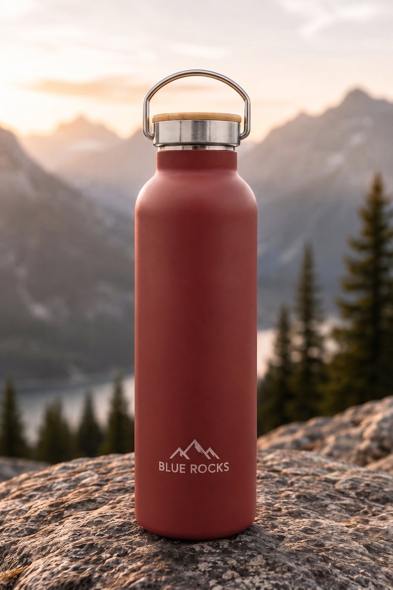 Blue Rocks® - Summit Red - Thermosfles 750ml - Waterfles - Dubbelwandige drinkfles - Plasticvrij - Loodvrij - Geïsoleerde fles - Warme en Koude dranken - School - Kind - Reizen, Wandelen, Werk, Sport, Yoga - Dagelijks gebruik - RVS - Rood - Red — cadeau in Sport & Outdoor - foto 4