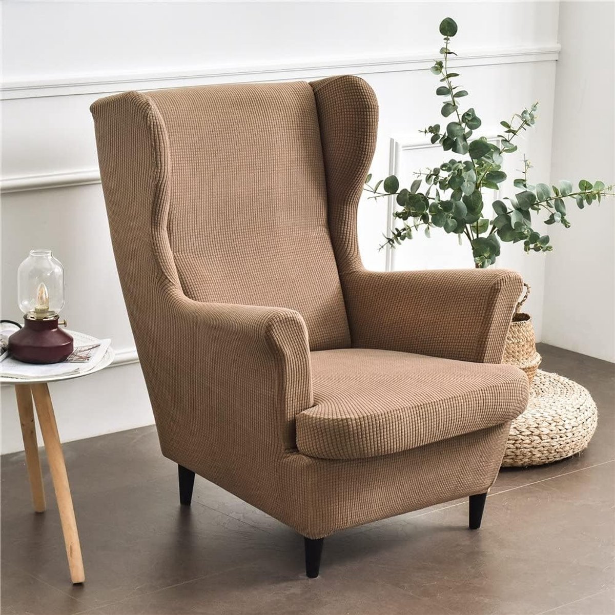 Fauteuilhoes - Camel - 2-delig - Stretch Jacquard Stof - Voor Vleugelstoel Bescherming en Verfraaiing