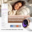 Gouden smartwatch met wit bandje, naast een slapende vrouw. Toont een slaapanalyse met diepe slaap, lichte slaap en REM-slaap.