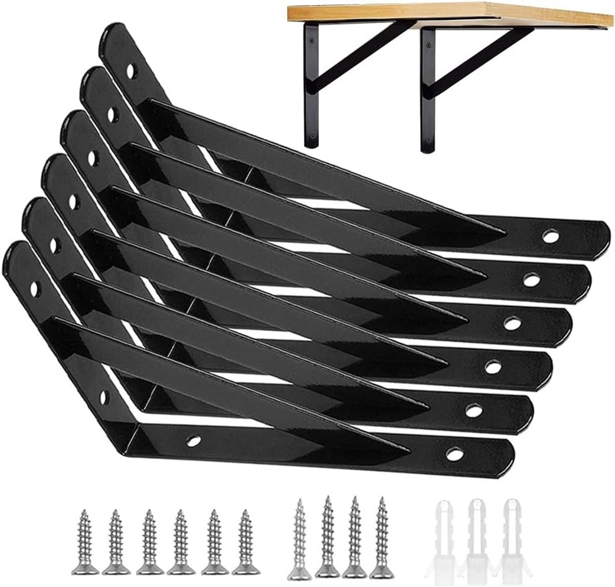 Zes stevige hoekplanken beugels, driehoekige wandmontage, 6 inch draagvermogen voor zwevende tafels en planken