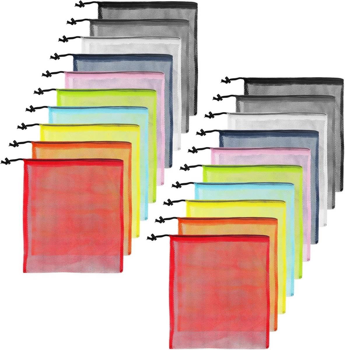 20 Stuks Grote Kleurrijke Mesh Trekkoordzakken 35 x 40 cm voor Opslag, Kamperen en Reizen