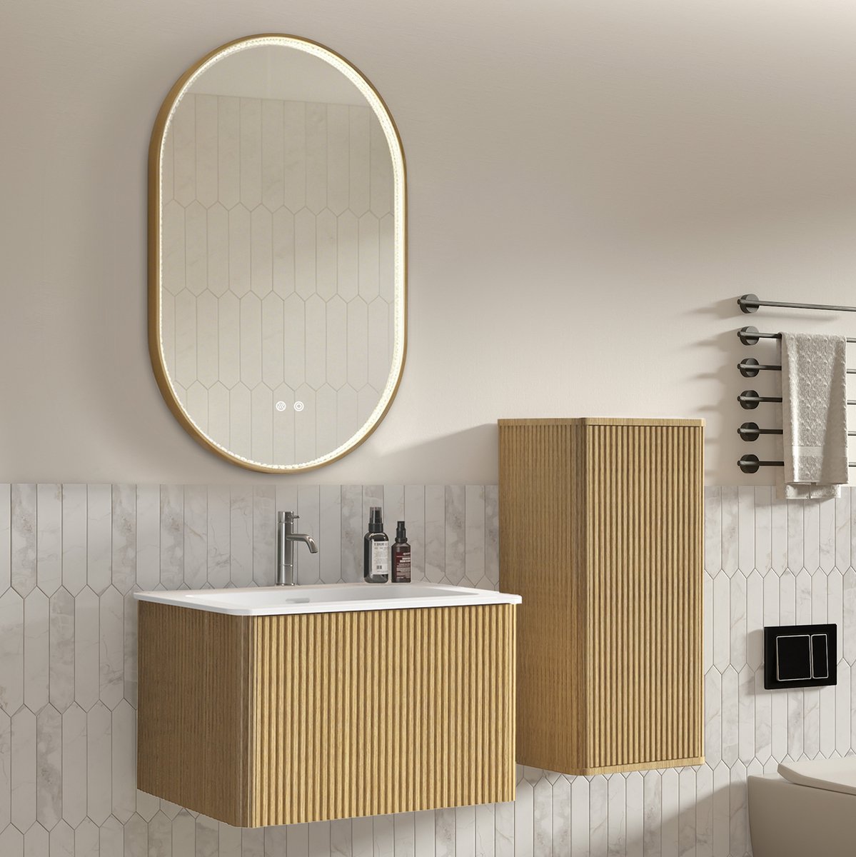REDOM - Badkamer Set met Hanger Waschbak, Nachtkastje en LED Spiegel - Eiken Hout