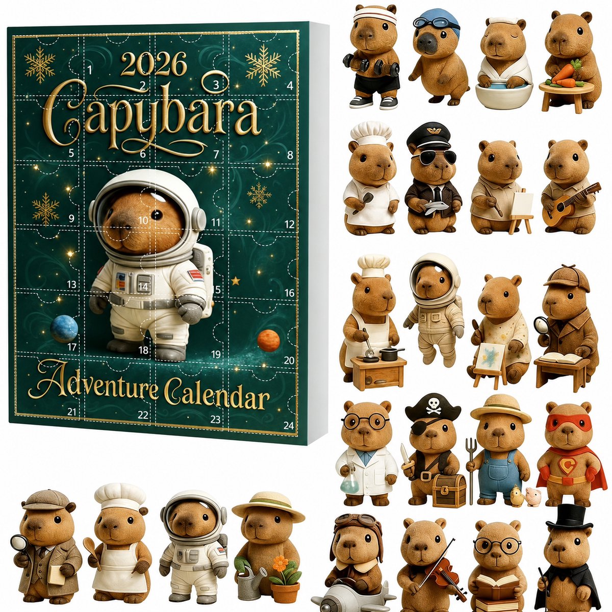 Casalora® Adventskalender 2026 – 24 Verschillende Capibara Kersthangers – Acryl Kerstboomdecoratie – 24 Dagen Kerst Countdown – Kerstdecoratie voor Wand, Raam en Deur – Cadeau
