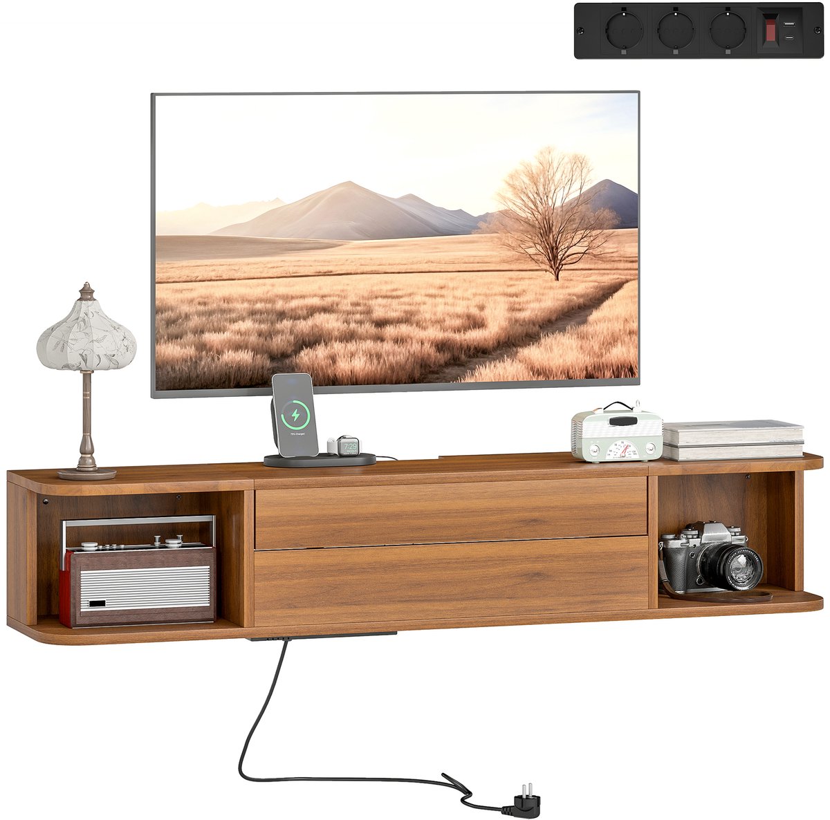 TEKROA® TV meubels - Wandgemonteerde tv-standaard - voor schermen tot 50 inch met stopcontacten - USB- en Type-C-aansluitingen - lade en planken - 120x24x22,4 cm - walnootkleur