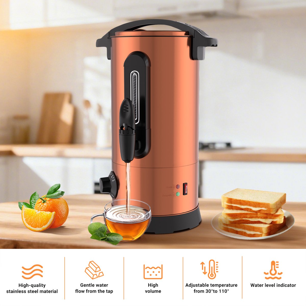 glühweinpan 8 L – heetwaterdispenser 1500 W, tapkraan, 30–100 °C, inclusief 10 bekers