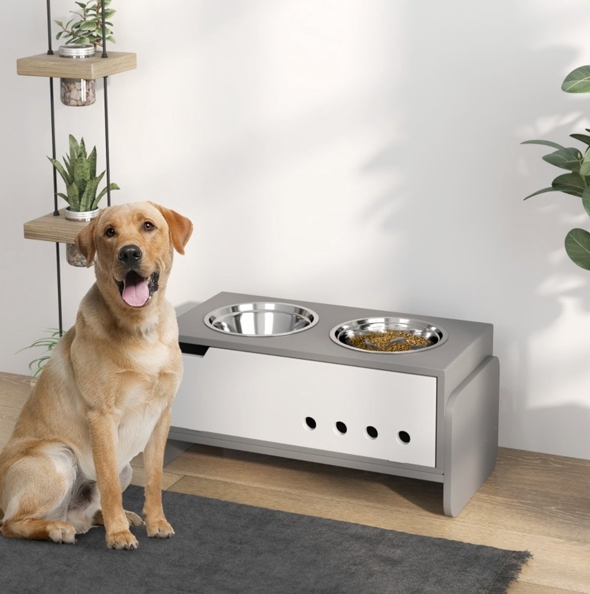 MODFU - Verhoogde Voerbak Hond - 2 X 2000 Ml RVS - Anti-Schrokmat - Grijs