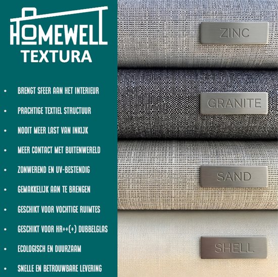 Stalen van vier grijstinten Homewell Textura raamfolie: Zinc, Granite, Sand, Shell.