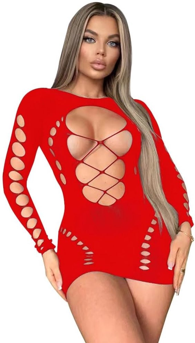 Verleidelijke Lingerie voor Vrouwen - Transparante Kant Bodysuit met Uitsnijdingen en Lange Mouwen, Aanpasbare Open Ondergoed voor een Sensuele Look