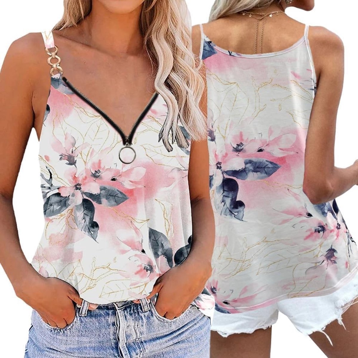 Elegante mouwloze V-hals tanktop voor dames, perfect voor de zomer, met losse print en chique uitstraling