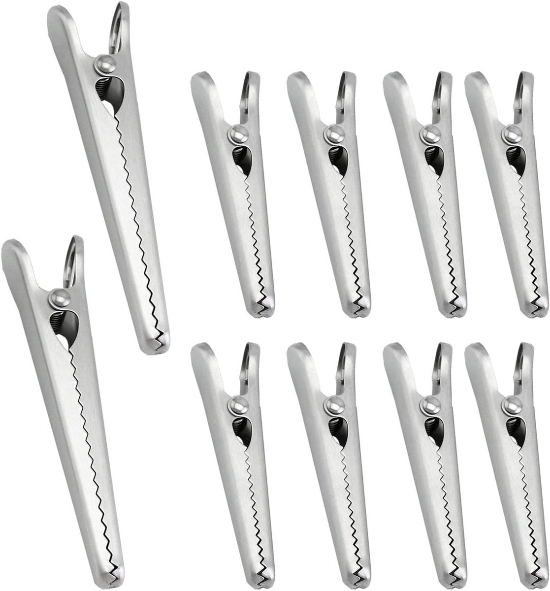 Set van 10 RVS Klemclips in 2 Maten, 8 cm en 11,5 cm, Veelzijdige Sluitclips voor Keuken en Voedselopslag