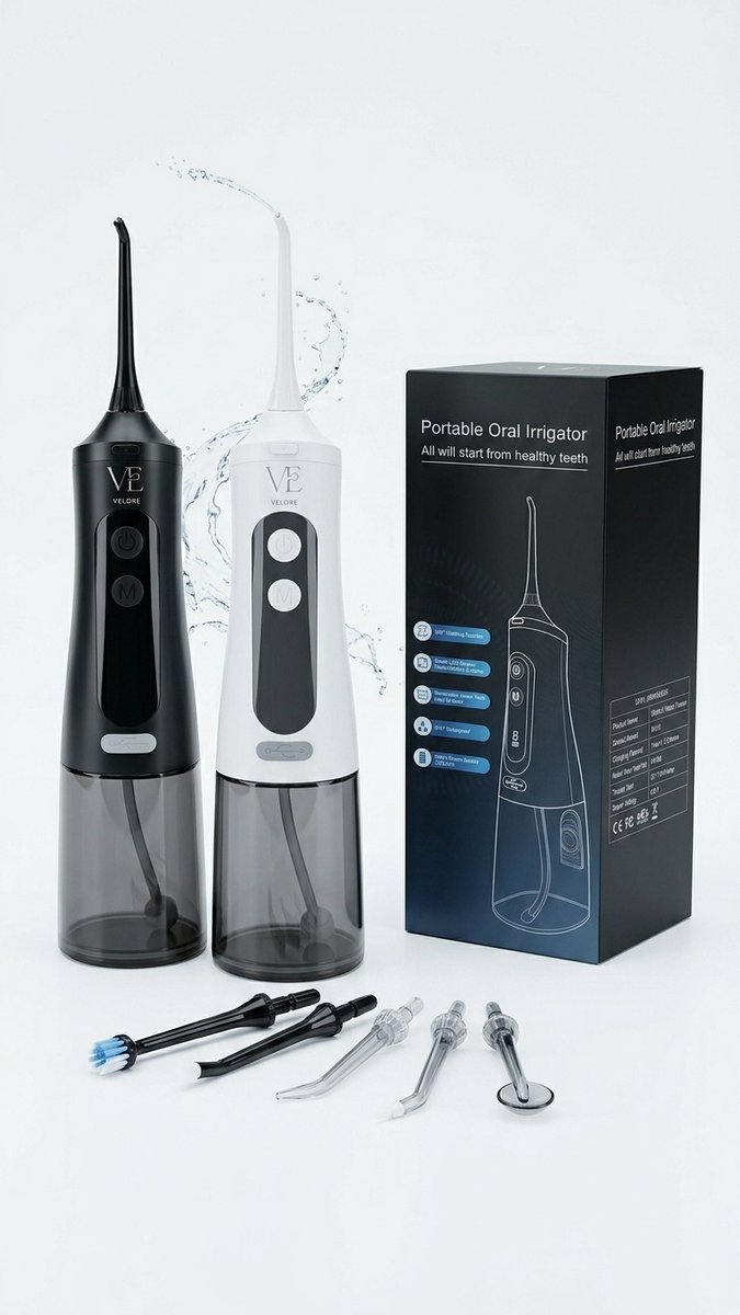 Velore Waterflosser – Draadloze Monddouche – Elektrische Waterflosser – 350 ml – USB-C Oplaadbaar – IPX7 Waterdicht – 360° Roterende Mondstukken – Zwart
