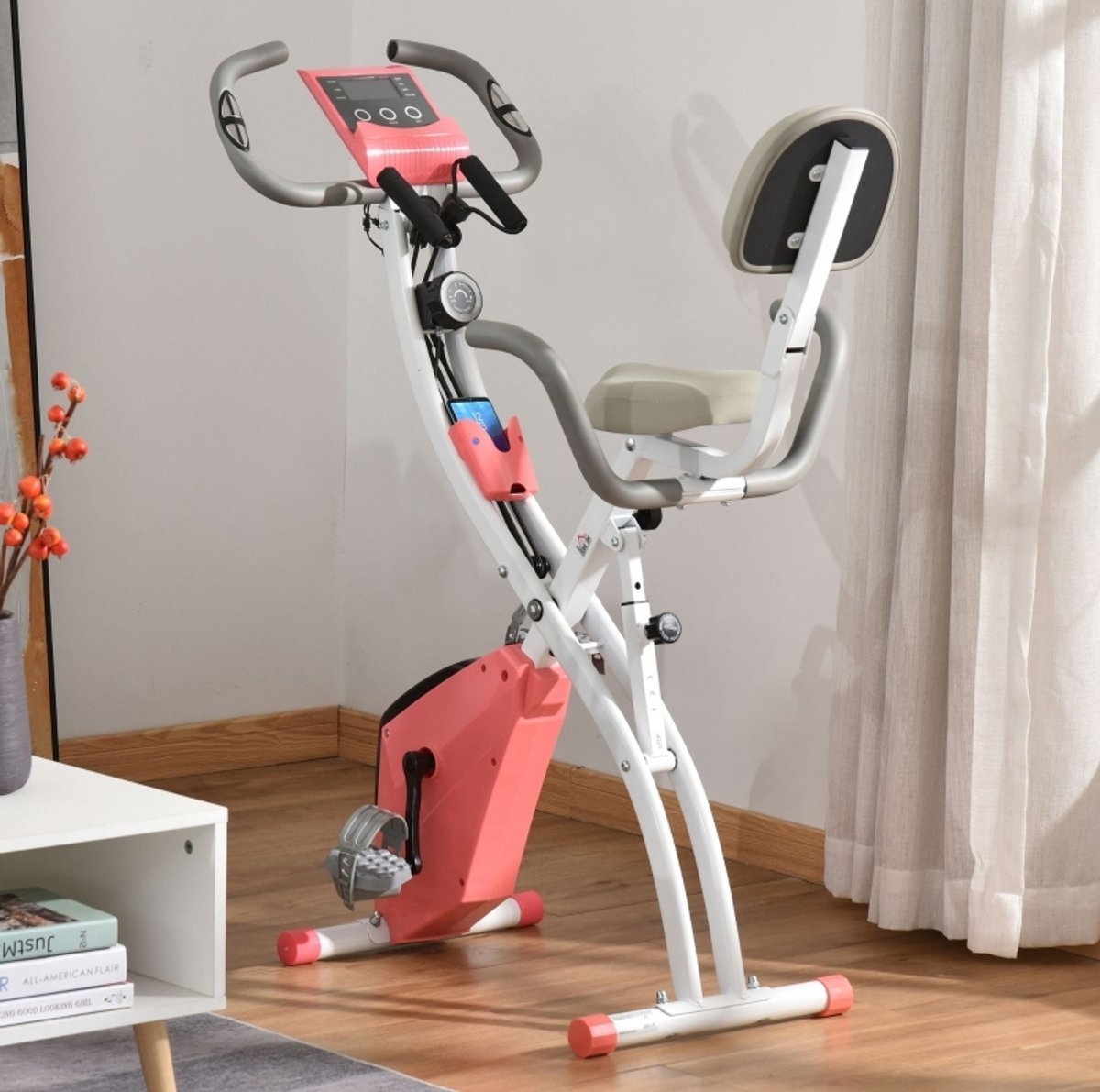 COVREO Hometrainer X-Bike met LCD-display – 119,5 x 23 x 37,5 cm – 8 niveaus weerstand – inklapbaar met spanningskoorden – Roze wit
