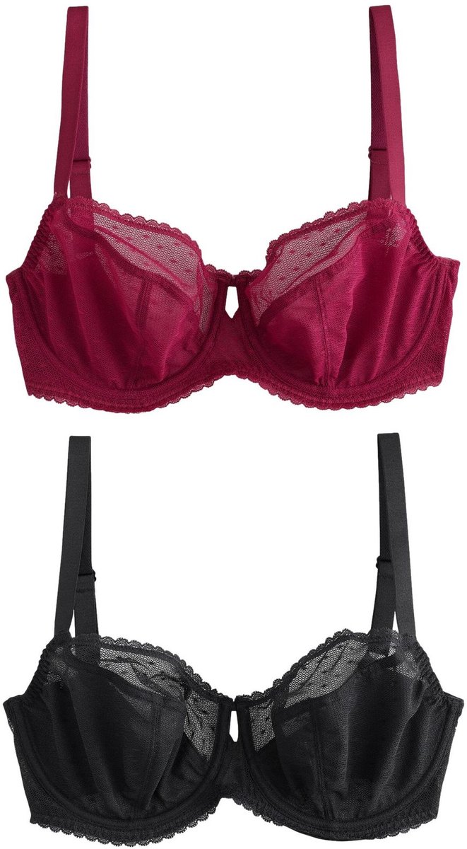 Next Dames - Set van 2 DD+ balkonbeha's met stippen, mesh, zonder vulling - Rood Black/Red