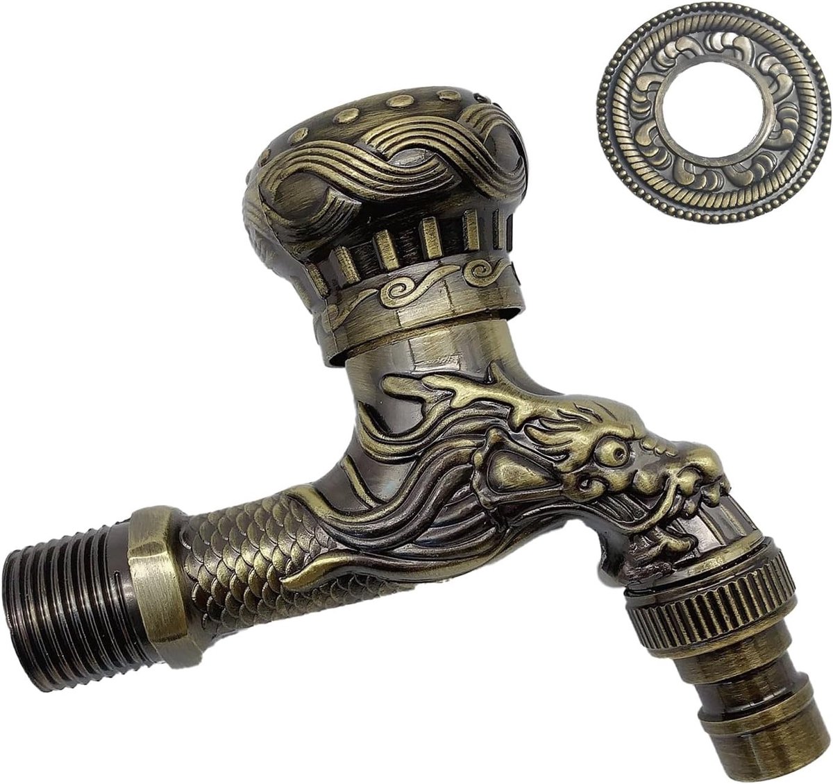 Vintage Water Tap voor Tuin en Badkamer, Messing Kraan met Draak Snede, Buitenwaterkraan en Wandmontage, Ideaal voor Tuin en Buitengebruik