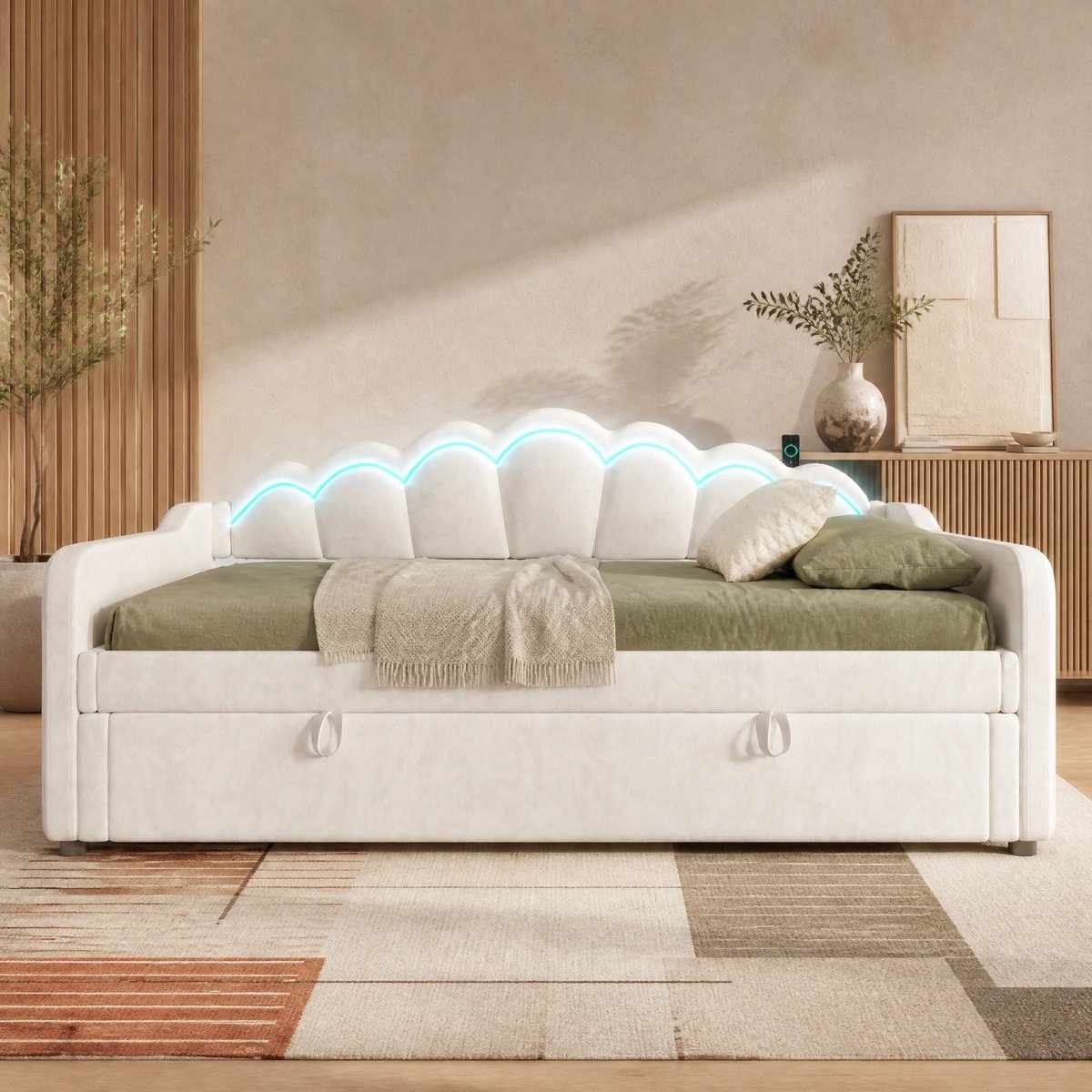 COVREO Slaapbank met opbergruimte en LED-verlichting – 90x200 cm – Bed van stof en MDF – voor slaapkamer – Beige - zonder matras