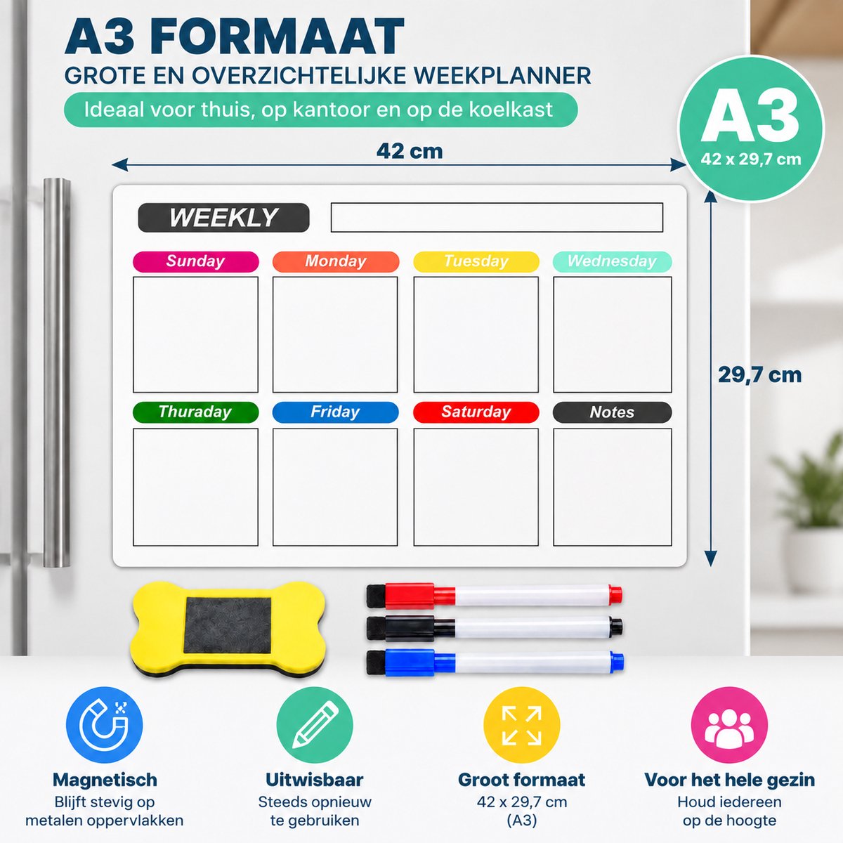 Magnetische Weekplanner Whiteboard - A3 Formaat - Familieplanner & Gezinsplanner - Planbord voor Koelkast - To Do Planner - Planbord voor Thuis en Kantoor - Inclusief 3 Markers en Wisser — cadeau in Kalenders & Planners - foto 7