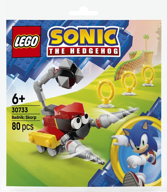 LEGO Sonic de egel 30733 Badnik Skorp. Rode en zwarte robot met grijze grijper, gepantserde staart en Sonic op de verpakking.