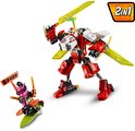 LEGO Ninjago Kai's Mech Jet in robotvorm met een 2-in-1 label en de vijand Richie op een hoverboard.