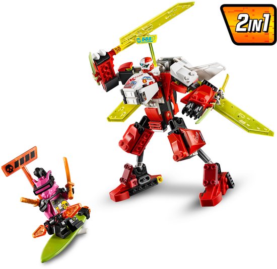 LEGO Ninjago Kai's Mech Jet in robotvorm met een 2-in-1 label en de vijand Richie op een hoverboard.