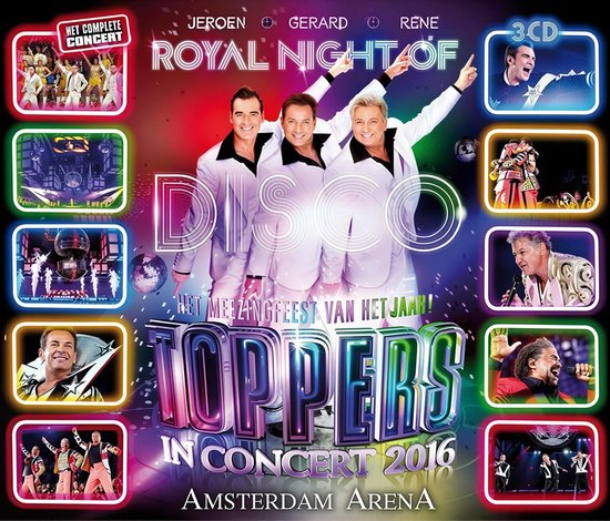 Drie mannen in witte glitterpakken voor 'DISCO TOPPERS IN CONCERT 2016 AMSTERDAM ARENA'. Omringd door beelden van optredens.