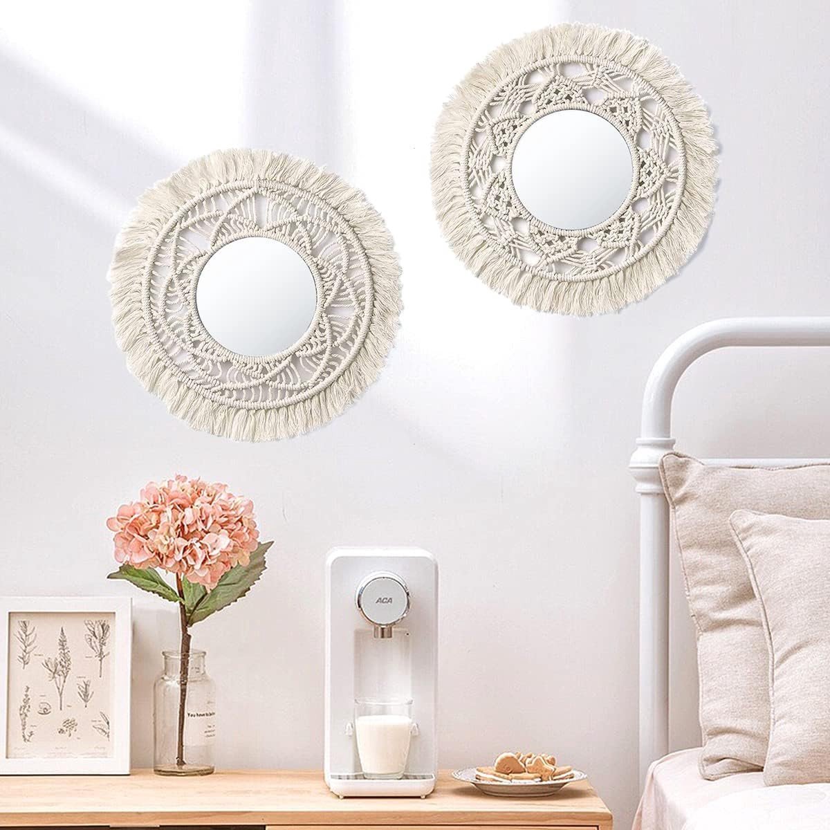 Set van 2 Ronde Wandspiegels, Bohemian Wanddecoratie met Geweven Franje, Decoratieve Spiegels voor Thuis, Kinderkamer, Slaapkamer en Woonkamer
