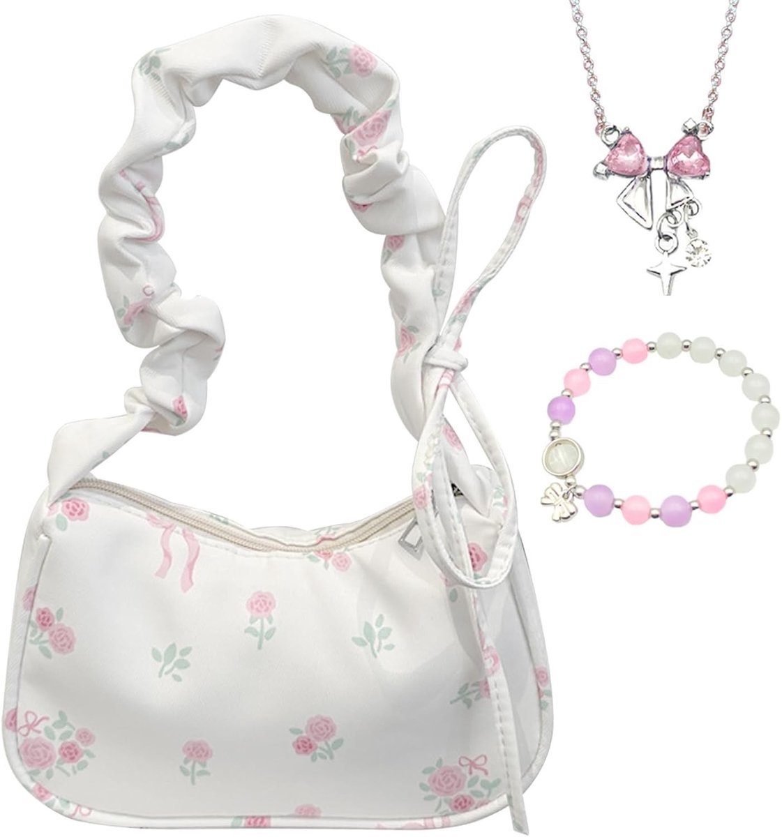 Handtas voor meisjes en vrouwen, witte tas met bloemen, 22 x 8.5 x 14 cm, trendy en praktisch