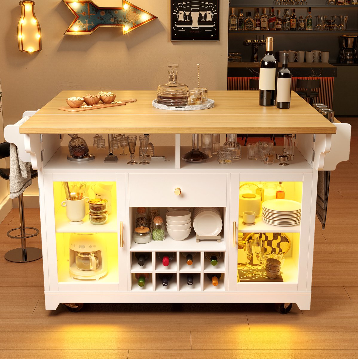 REDOM - Keukenwagen - RGB LED-verlichting - Beidseitig uitklapbare tafelbladen - Verstelbare planken - Mobiel wijnrek - Keuken en woonkamer - Metaal en MDF - 120 x 80 x 95 cm