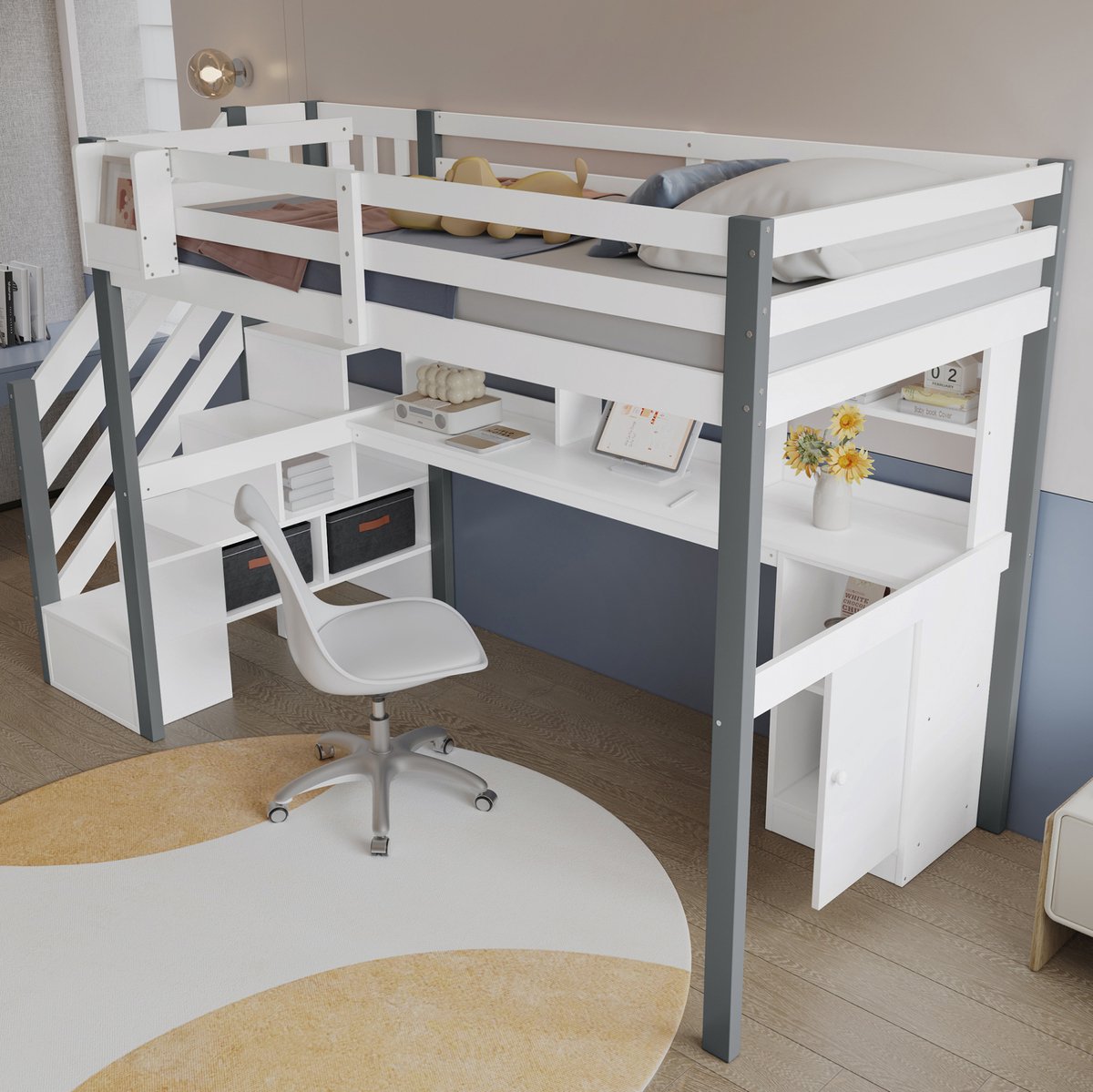 COVREO Halfhoogslaper met bureau – 253,5x95,5x160 cm – Bed met ladder en plank – kinderkamer – Wit/grijs - zonder matras Wit + grijs