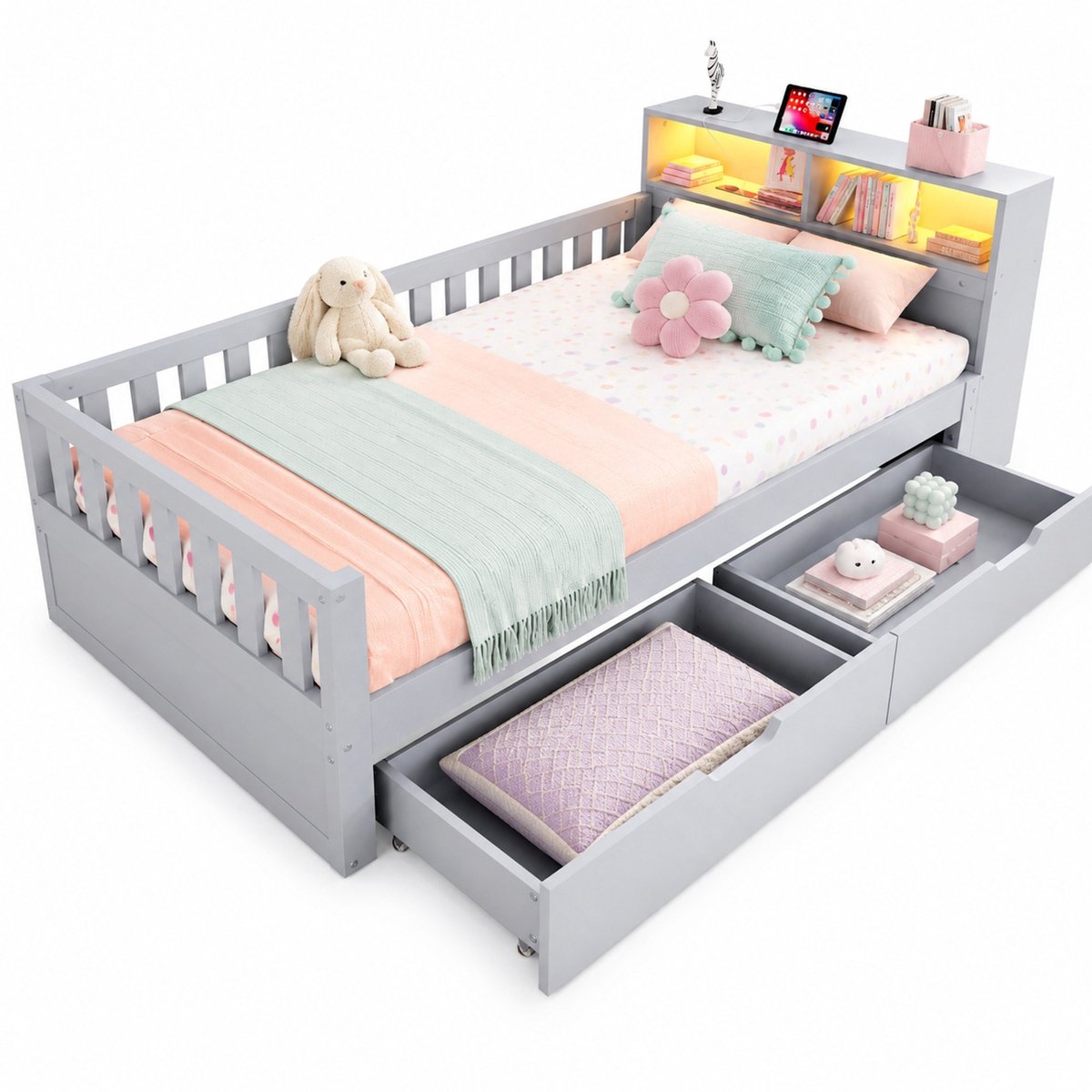 WUVRIE Eenpersoonsbed 90x200 cm met 2 lades, opbergvakken, LED en USB/Type-C, veiligheidshekken, grijs