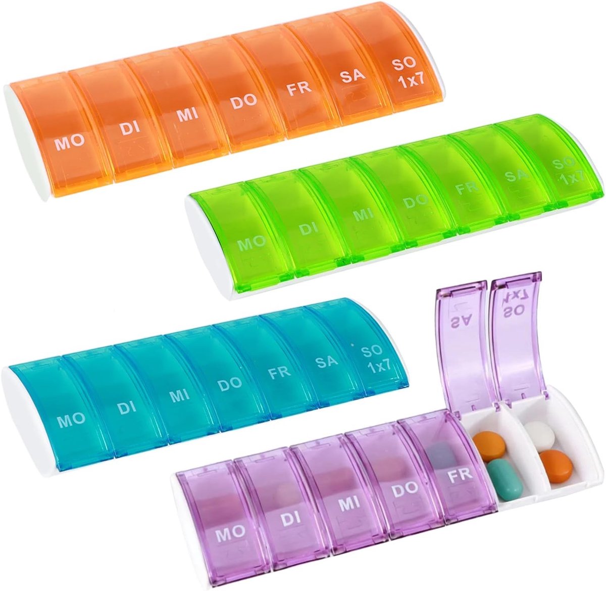 Pillendoosjes voor 7 dagen - 4 stuks voor het organiseren en bewaren van medicijnen, lichtgewicht en praktisch