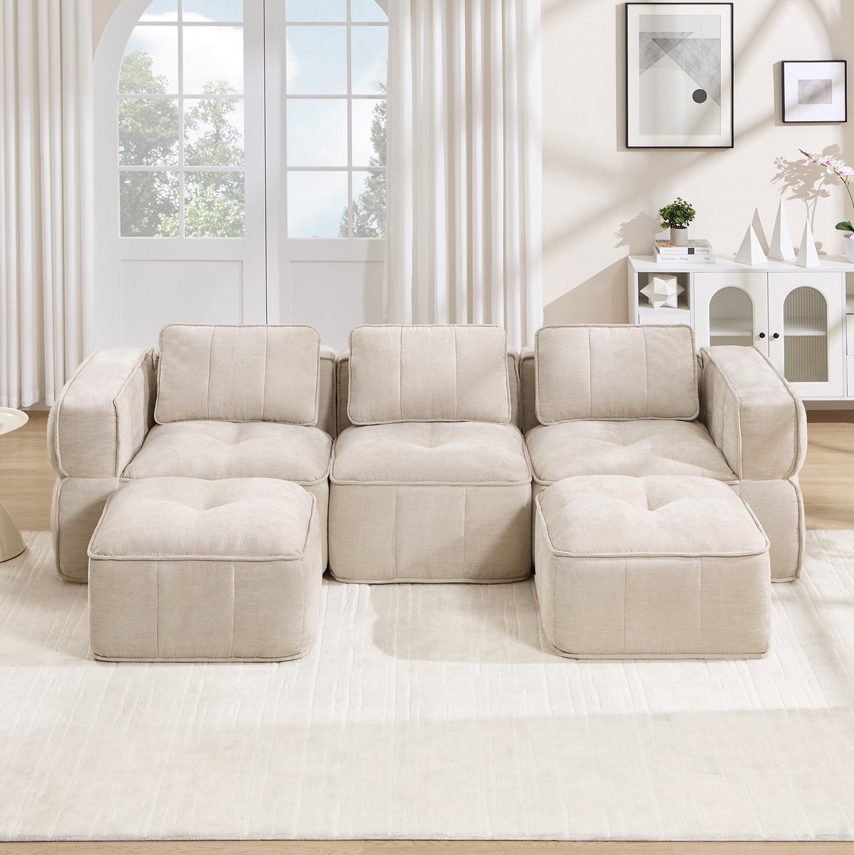 Wishdor U-bank - 3-zits modulaire bank - 2 hockers brede armleuningen - Modern design - Woonkamer ontspanning familie - Polyester - Beige - 271 x 162 x 67 cm