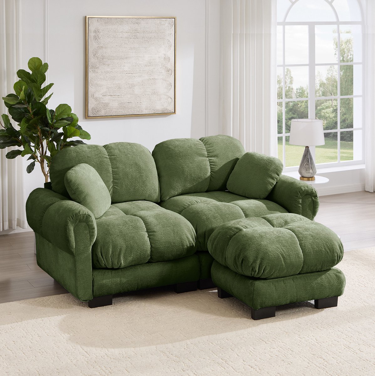 Wishdor Hoekbank - 2-zits en modulair - Met mobiele ottomane en gestikt patroon - Modern design - Woonkamer hoekopstelling - Chenille - Groen - 190 x 149 x 90 cm