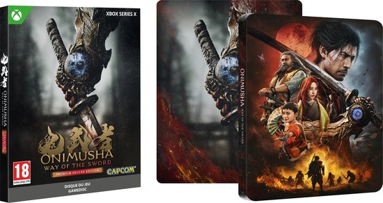 La steelbook et la boîte de jeu Onimusha: Way of the Sword Premium Deluxe Edition pour Xbox Series X, avec une épée aux détails bleus et des visages démoniaques.