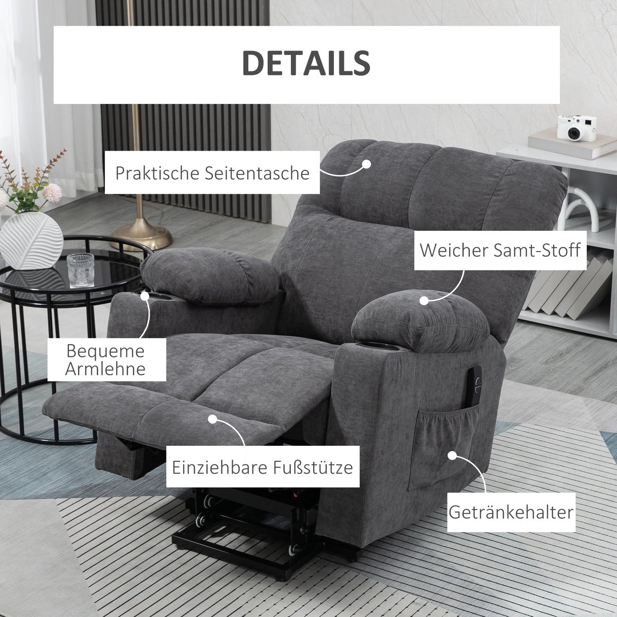 HOMCOM Sta-op fauteuil met massage- en warmtefunctie - Relaxfauteuil, opstahulp stoel - Donkergrijs – foto 6