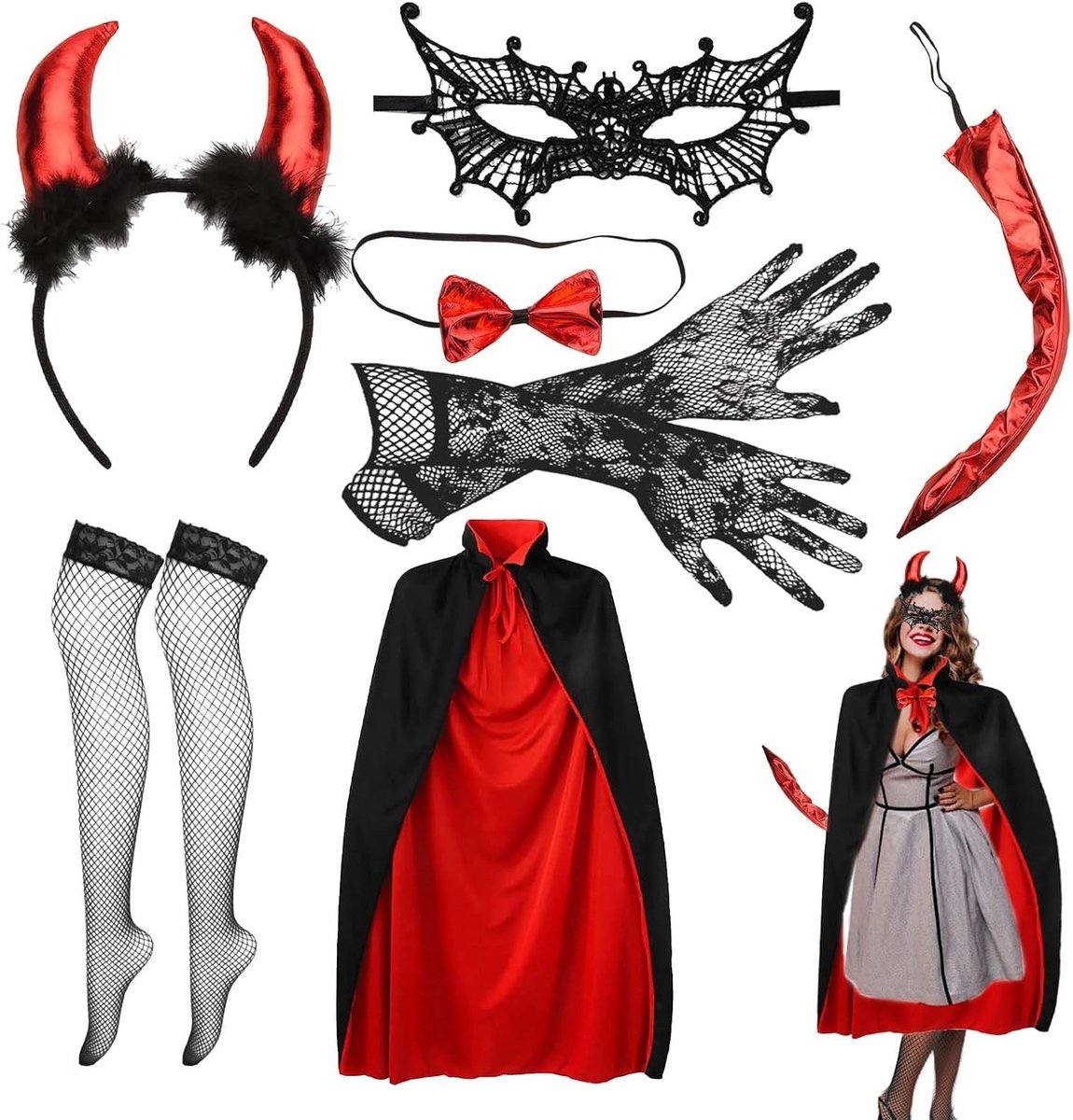 Dames Duivelskostuum - Compleet Halloween Kostuum met Vampier Cape, Hoed, Dubbelzijdige Duivelsvork, Kanten Oogflap en Handschoenen voor Carnavalsfeesten en Halloween