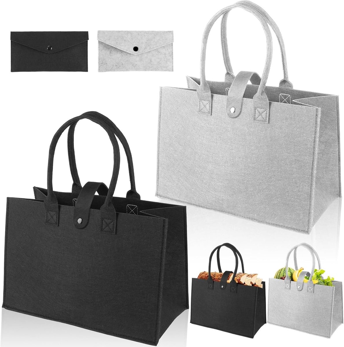 Set van 4 vilt boodschappentassen, 2 grote van 20 liter (39 x 26 x 20 cm) en 2 kleine, opvouwbare tasjes voor speelgoed en dagelijkse boodschappen