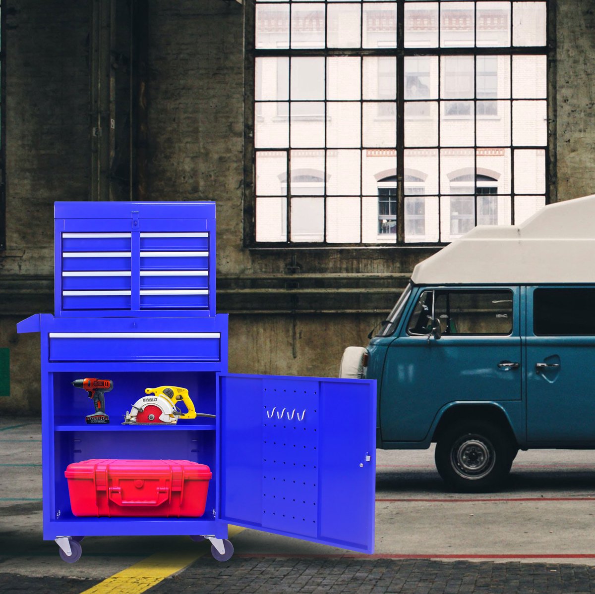 MODFU-Gereedschapskast Op Wielen-Blauw-Staal-Laden-Werkplaats