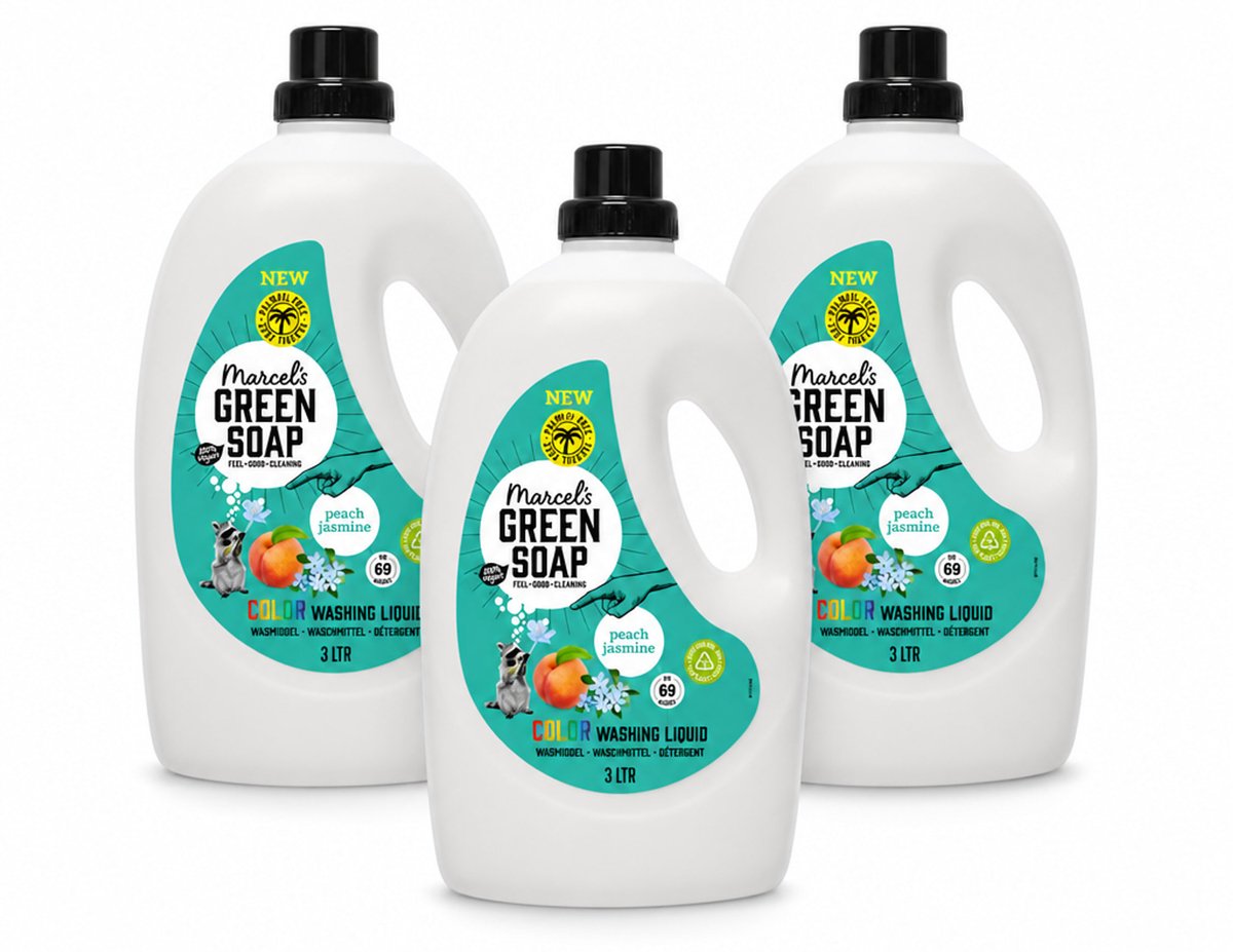 3 x Marcel's Green Soap - Vloeibaar Wasmiddel - Kleurwas - Perzik & Jasmijn - Natuurlijk & effectief - 69 wasbeurten - 3 liter - Bulkverpakking - 3 stuks