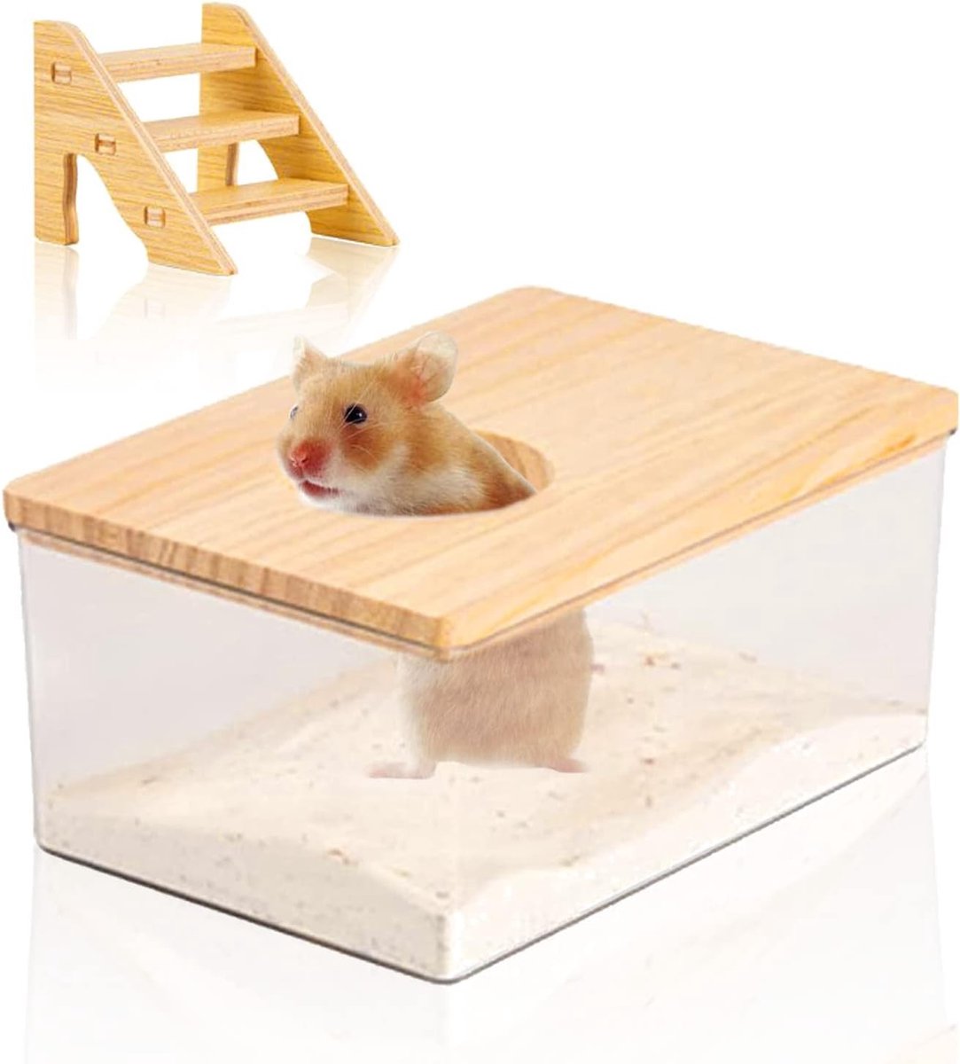 Vierkante zandbadbox van transparant acryl voor hamsters en kleine huisdieren met natuurlijke houten deksel en trap