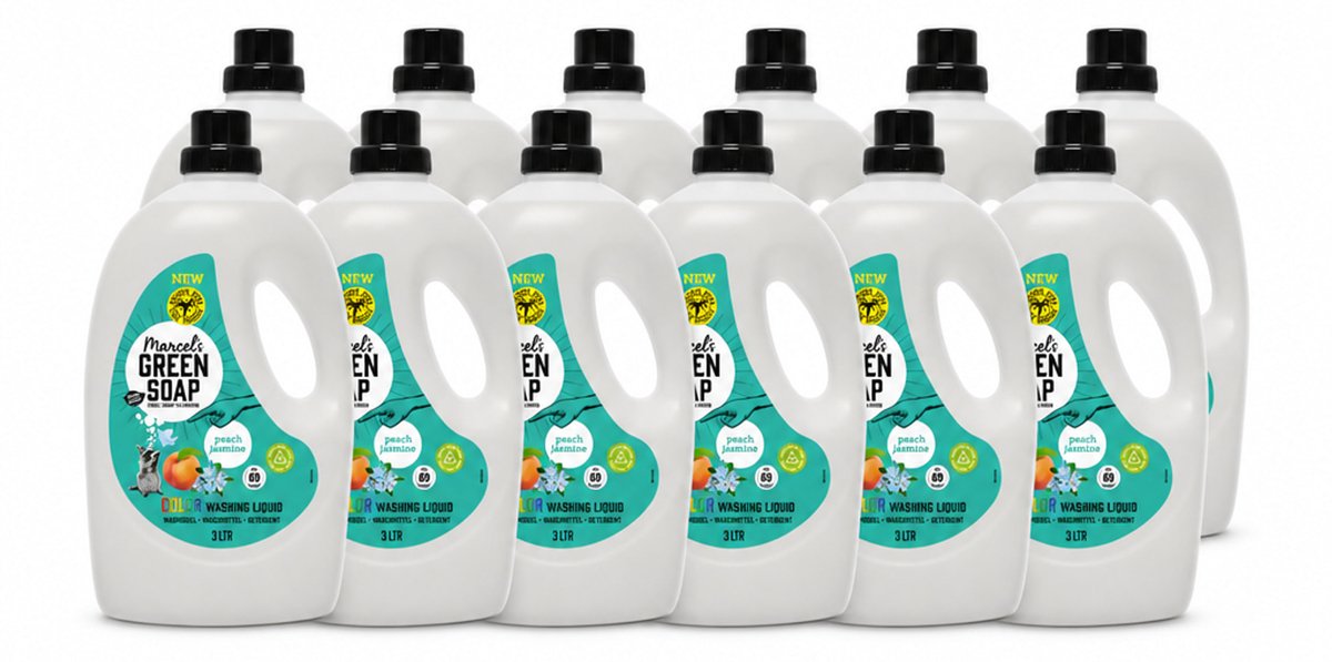 12 x Marcel's Green Soap - Vloeibaar Wasmiddel - Kleurwas - Perzik & Jasmijn - Natuurlijk & effectief - 69 wasbeurten - 3 liter - Voordeelverpakking - 12 stuks