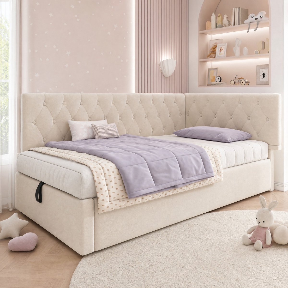COVREO Slaapbank met opbergruimte – 90x190 cm – Bedbank van stof en hout – voor kinderkamer en jeugdkamer – Beige - zonder matras