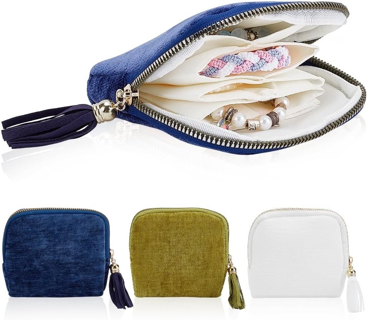 Reis Sieraden Organizer met 6 Lagen, Draagbare Tas voor Oorbellen, Armbanden en Ringen in 3 Kleuren met Kwastje
