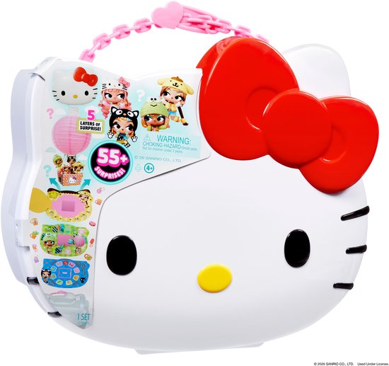 Een Hello Kitty draagtas met rode strik, met deksel open dat de inhoud toont.